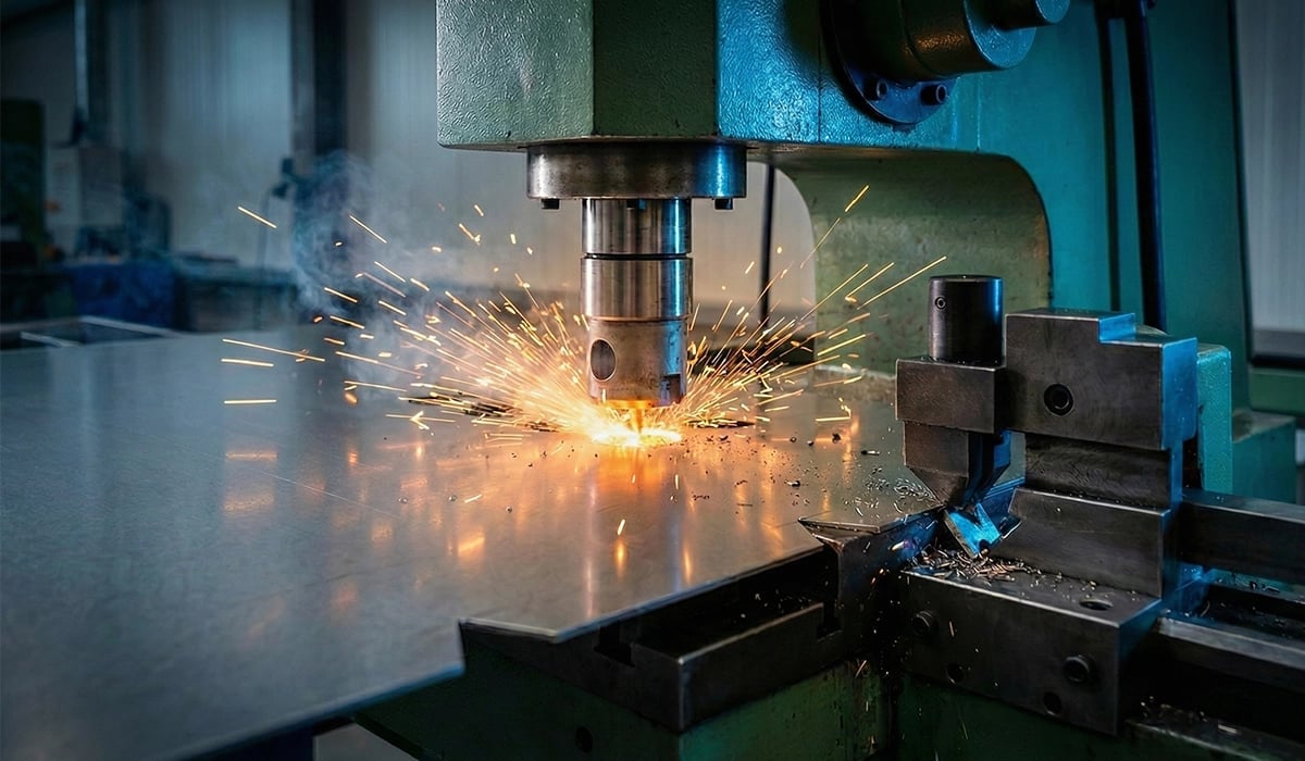 Industrial CNC machine cutting metal with bright orange sparks flying during precision manufacturing operation