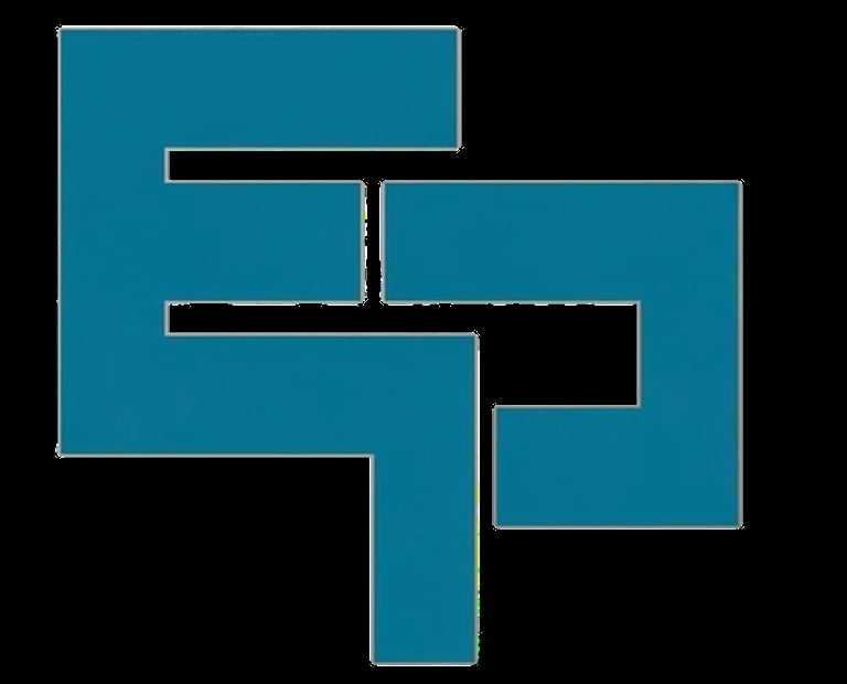 Abstract teal and black interlocking geometric shape with stepped rectangular segments on black background